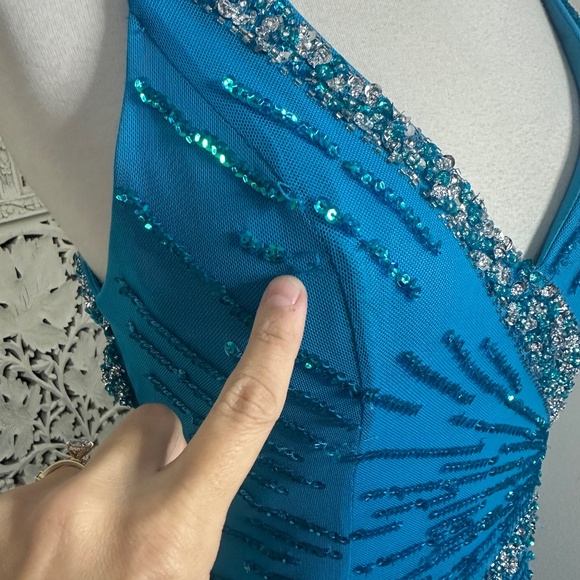 Cecily Brown Sequin Beaded Fairycore Blue Strapless V Neck Formal Prom Dress - Picture 9 of 13